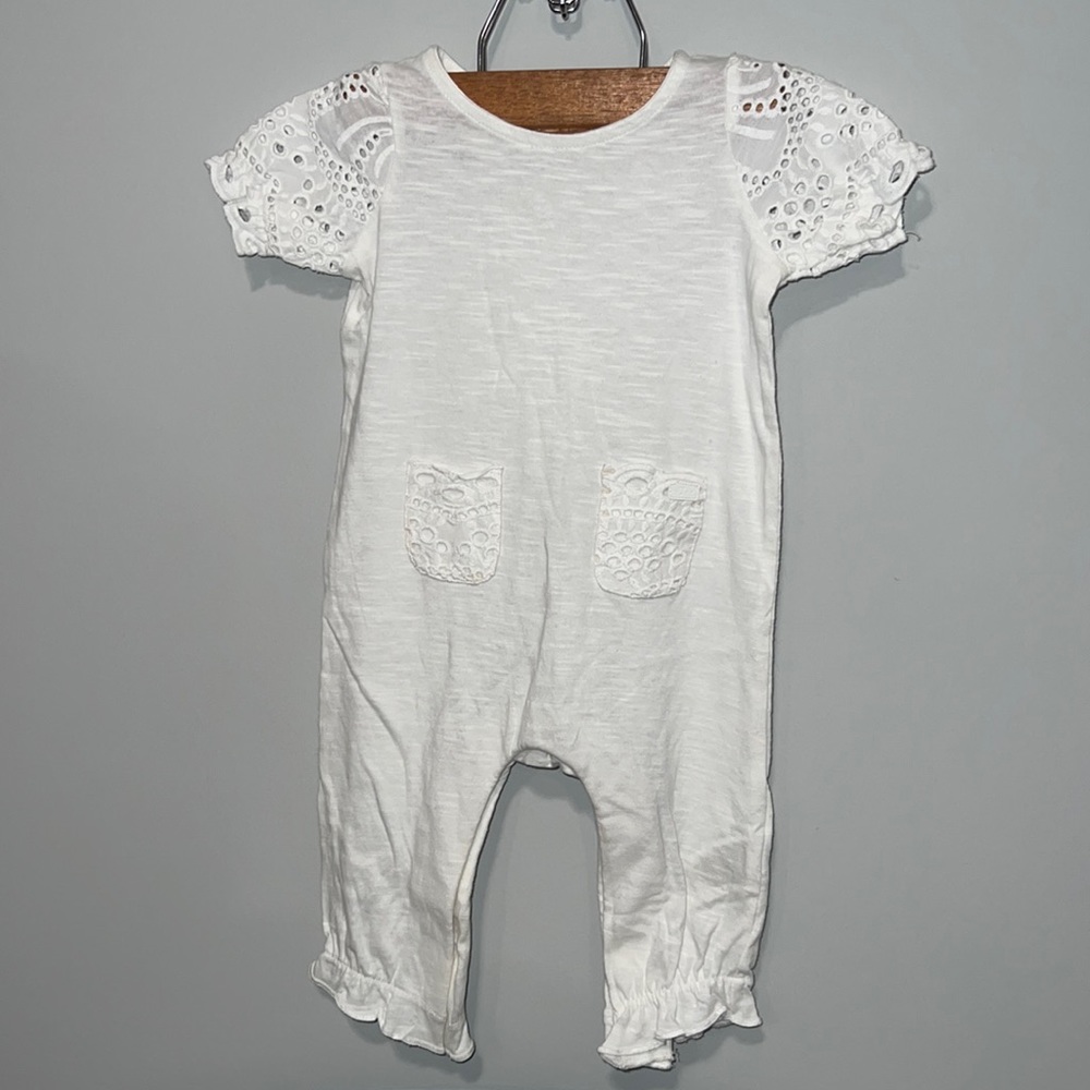 NWT 7 For All Mankind White Boho Crochet Burnout Baby Onesie- 6 to 9 months
